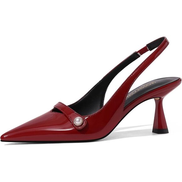🆕 Women Burgundy Polyurethane Kitten Heels Slingback Pearl Pumps - Picture 1 of 8